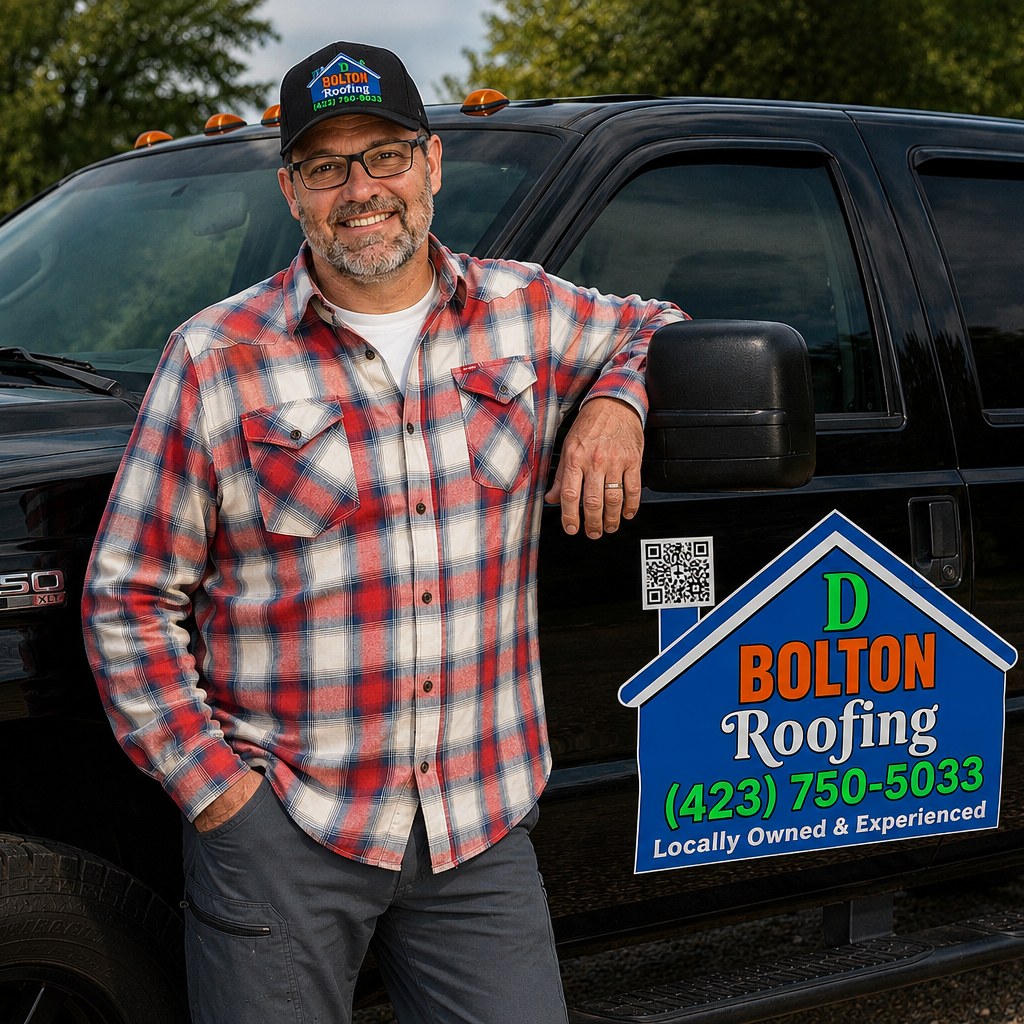 Daniel Bolton, owner of D Bolton Roofing, standing beside his company truck